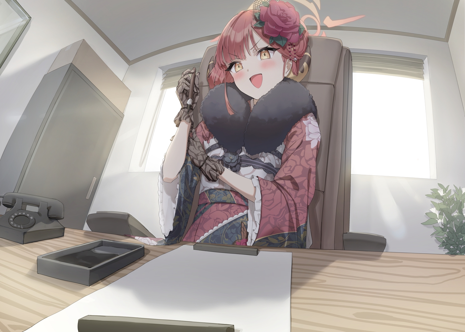 apple_pie, blue_archive, blush, gloves, japanese_clothes, kimono, phone, purple_hair