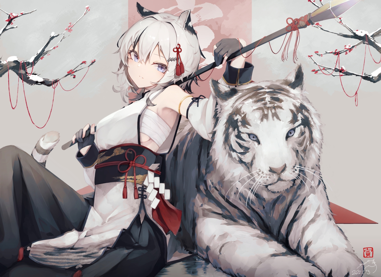 animal, animal_ears, breasts, catgirl, gloves, japanese_clothes, mayogii, original