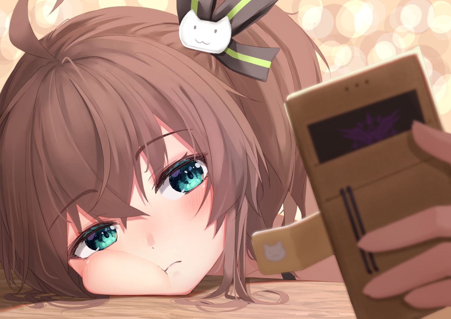 aqua_eyes, blush, brown_hair, close, hololive, natsuiro_matsuri, phone, ponytail