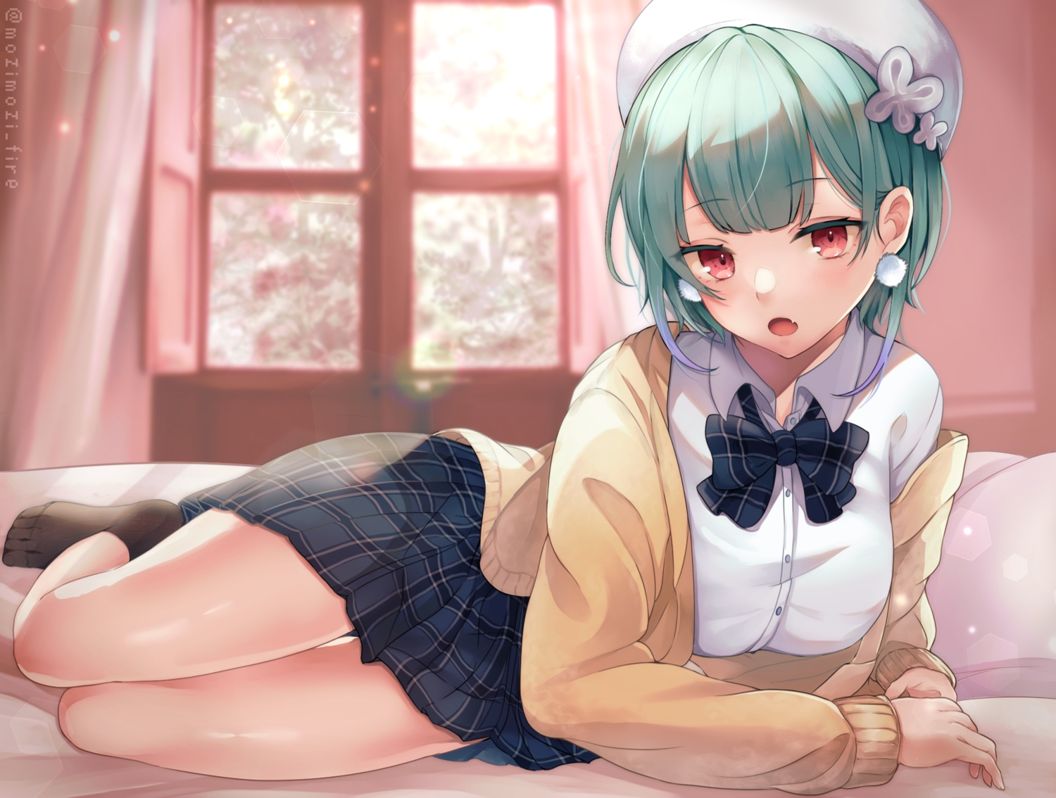 bed, bow, fang, green_hair, hat, hololive, mojimaru, red_eyes