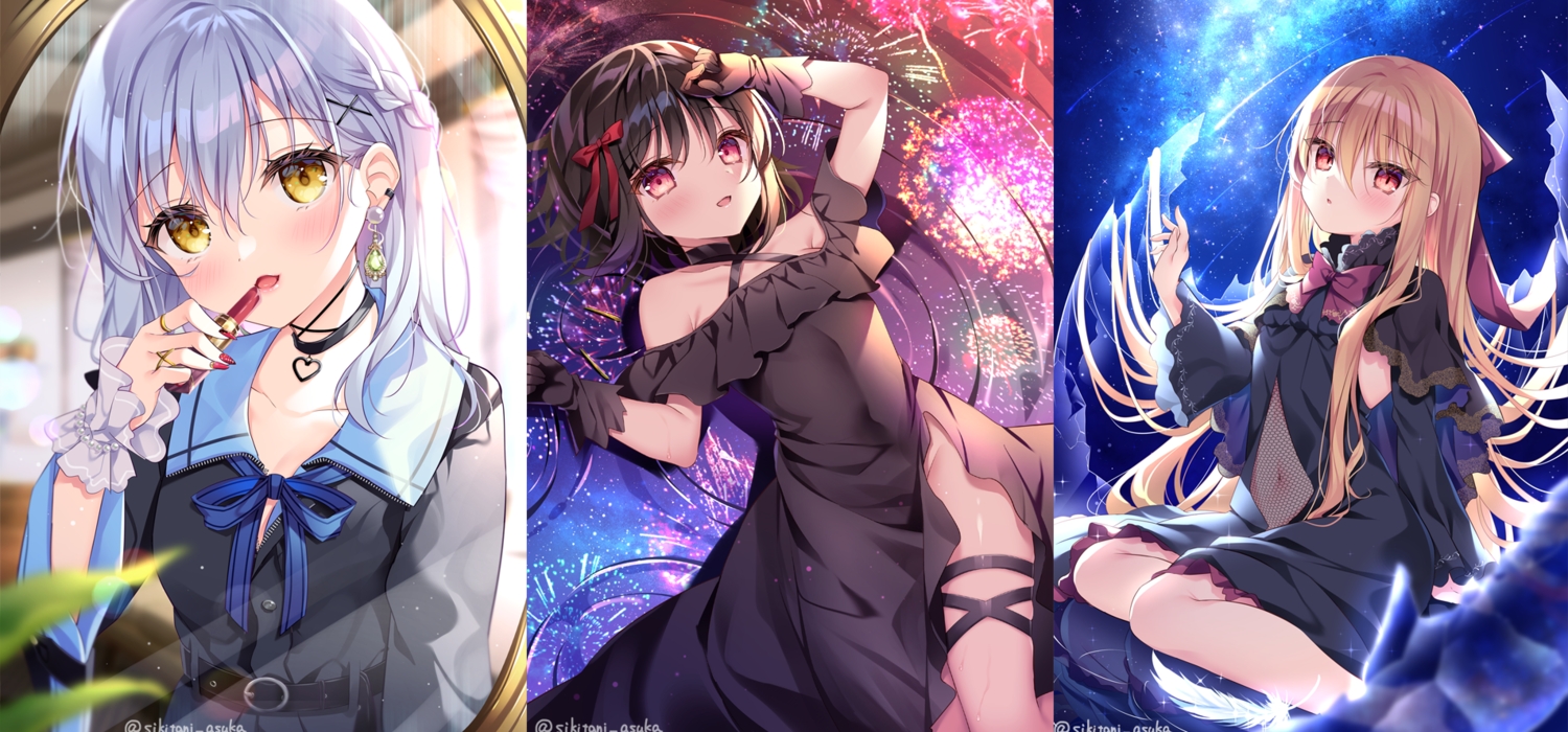 black_hair, choker, dress, feathers, fireworks, gloves, gray_hair, long_hair