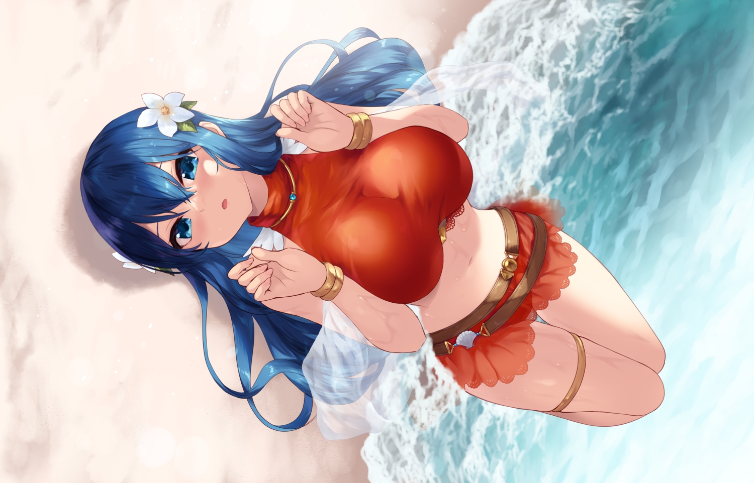 beach, blue_eyes, blue_hair, breast_hold, breasts, caeda_(fire_emblem), cait, fire_emblem, garter, long_hair, navel, see_through, skirt, swimsuit, water, wet, wristwear