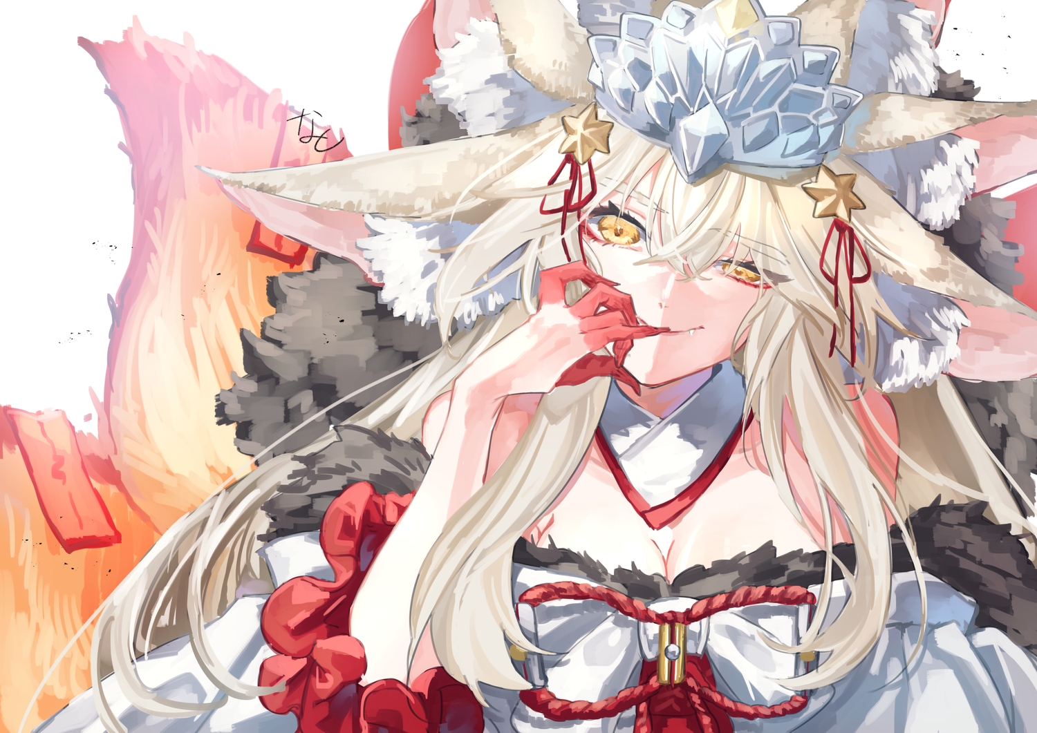 animal_ears, blonde_hair, breasts, cleavage, fang, fate/grand_order, fate_(series), foxgirl, headdress, koyanskaya_(fate), koyanskaya_foreigner_(fate), long_hair, multiple_tails, ofuda, signed, tagme_(artist), tail, yellow_eyes