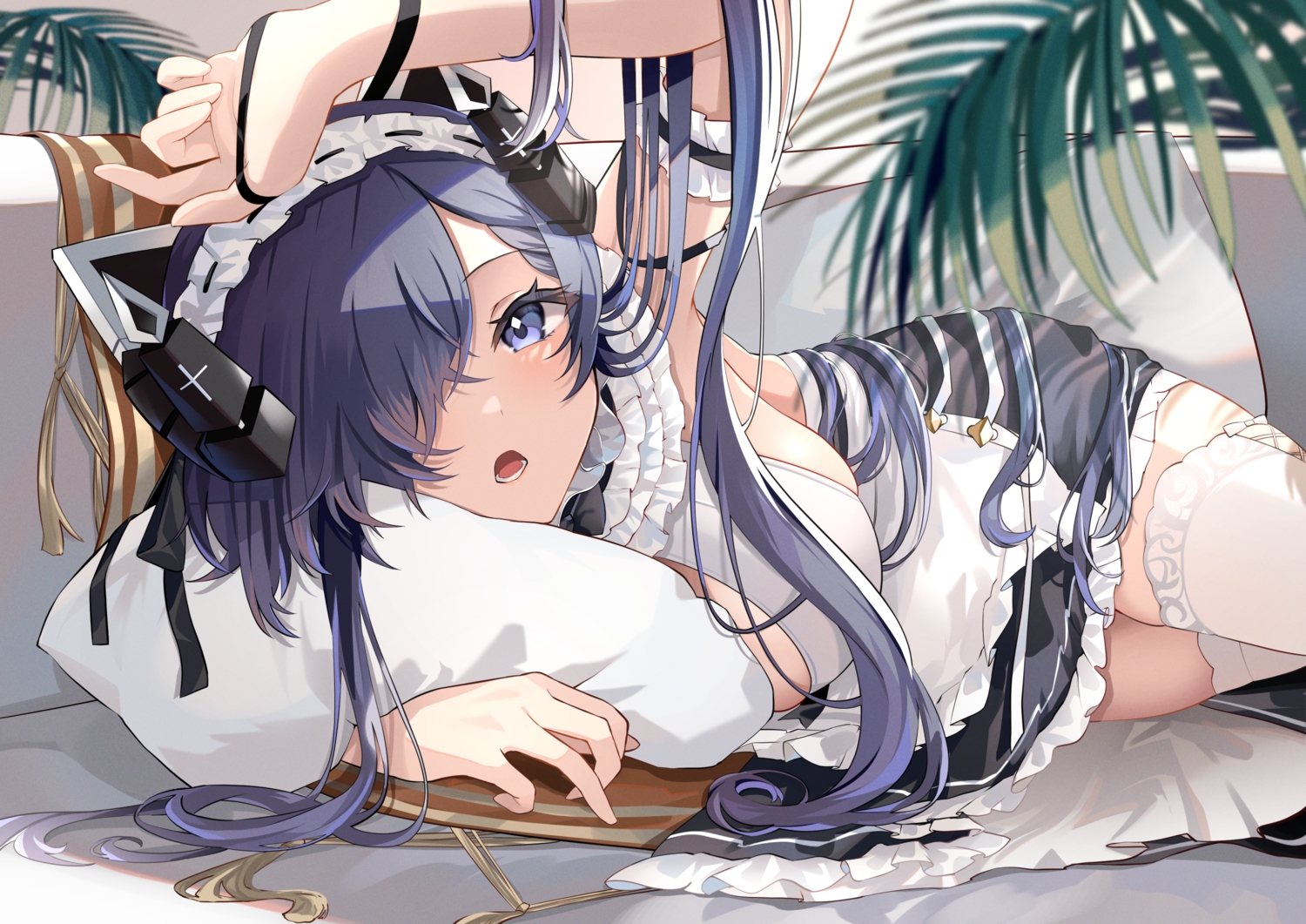 anthropomorphism, august_von_parseval_(azur_lane), azur_lane, bed, headband, horns, long_hair, maid, purple_eyes, purple_hair, thighhighs, yamaha_tsui
