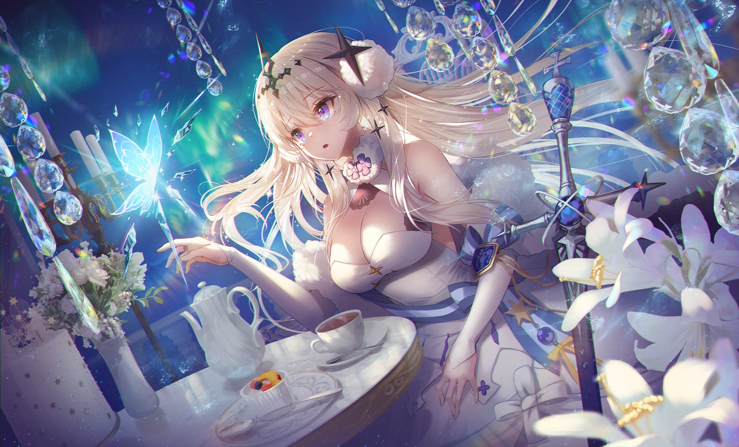 alchemy_stars, applecaramel_(acaramel), bethlehem_(alchemy_stars), blonde_hair, breasts, butterfly, cleavage, dress, drink, flowers, food, fruit, long_hair, purple_eyes, sword, weapon