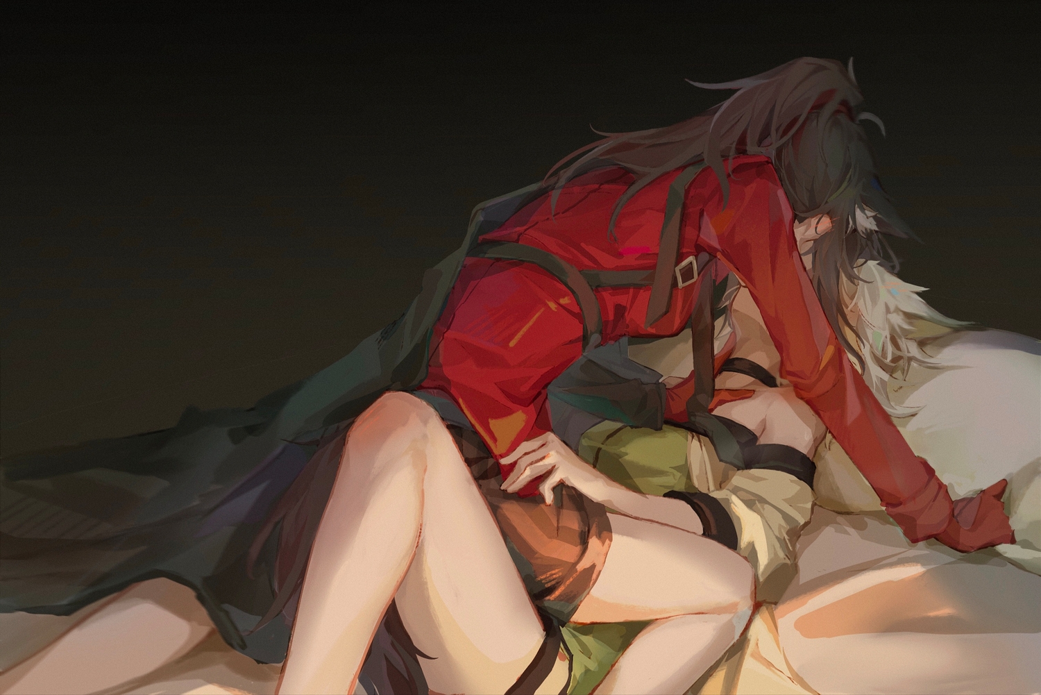 2girls, animal_ears, arknights, bed, brown_hair, kal'tsit_(arknights), kiss, long_hair
