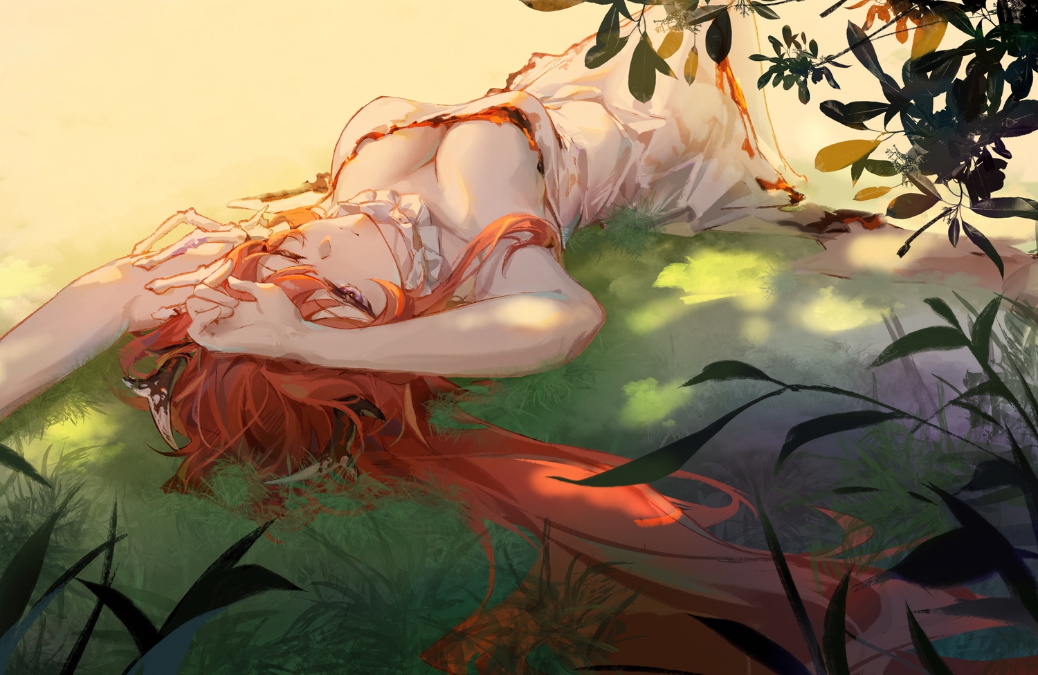 arknights, breasts, cleavage, dress, grass, horns, long_hair, moyu_marginal, purple_eyes, red_hair, surtr_(arknights), wink