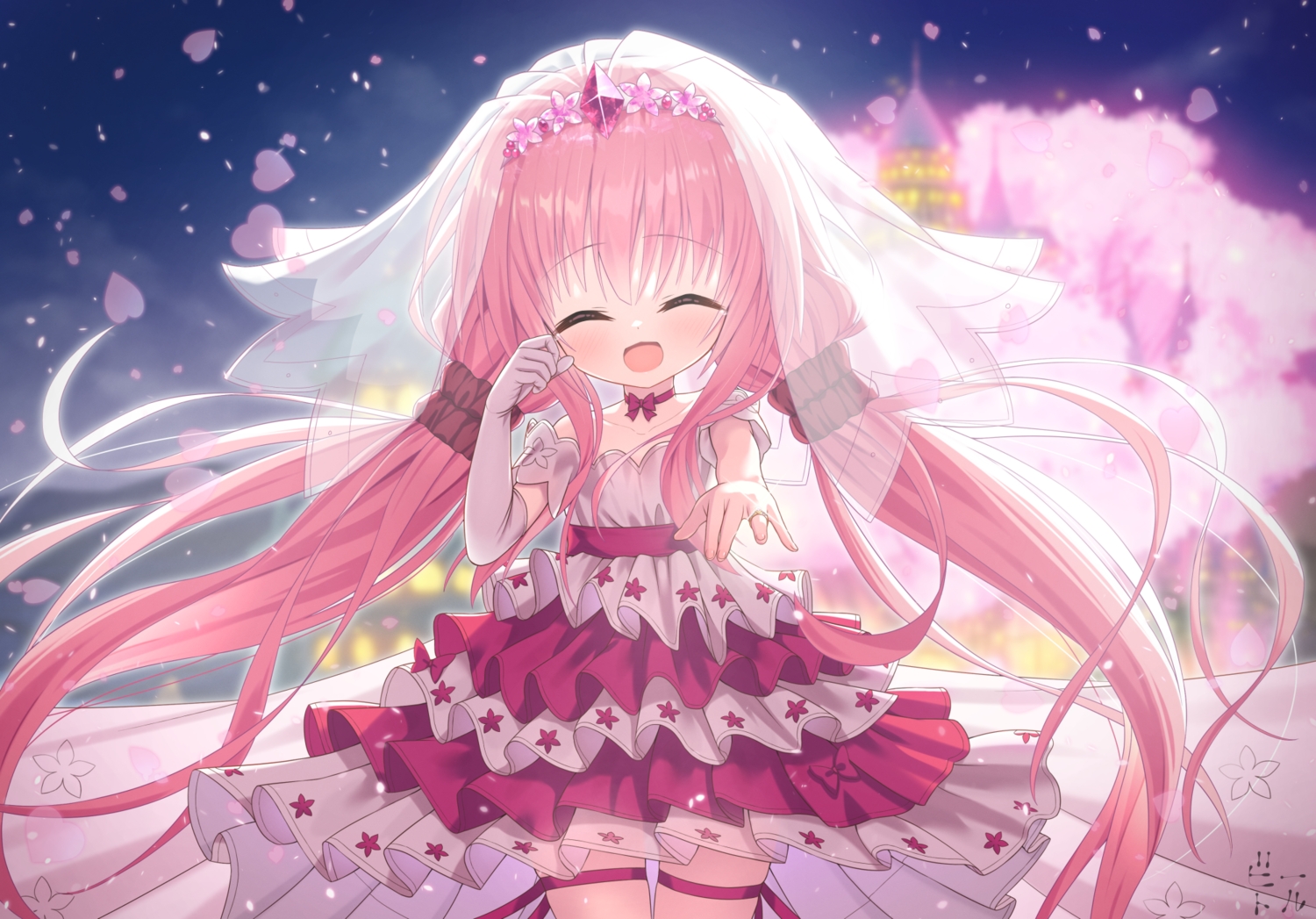 anthropomorphism, bettle_(b_s_a_n), blush, bow, building, cat_smile, choker, dress, elbow_gloves, flower_knight_girl, garter, gloves, hanamomo_(flower_knight_girl), headdress, loli, long_hair, petals, pink_hair, ribbons, signed, sky, tree, twintails, wedding_attire