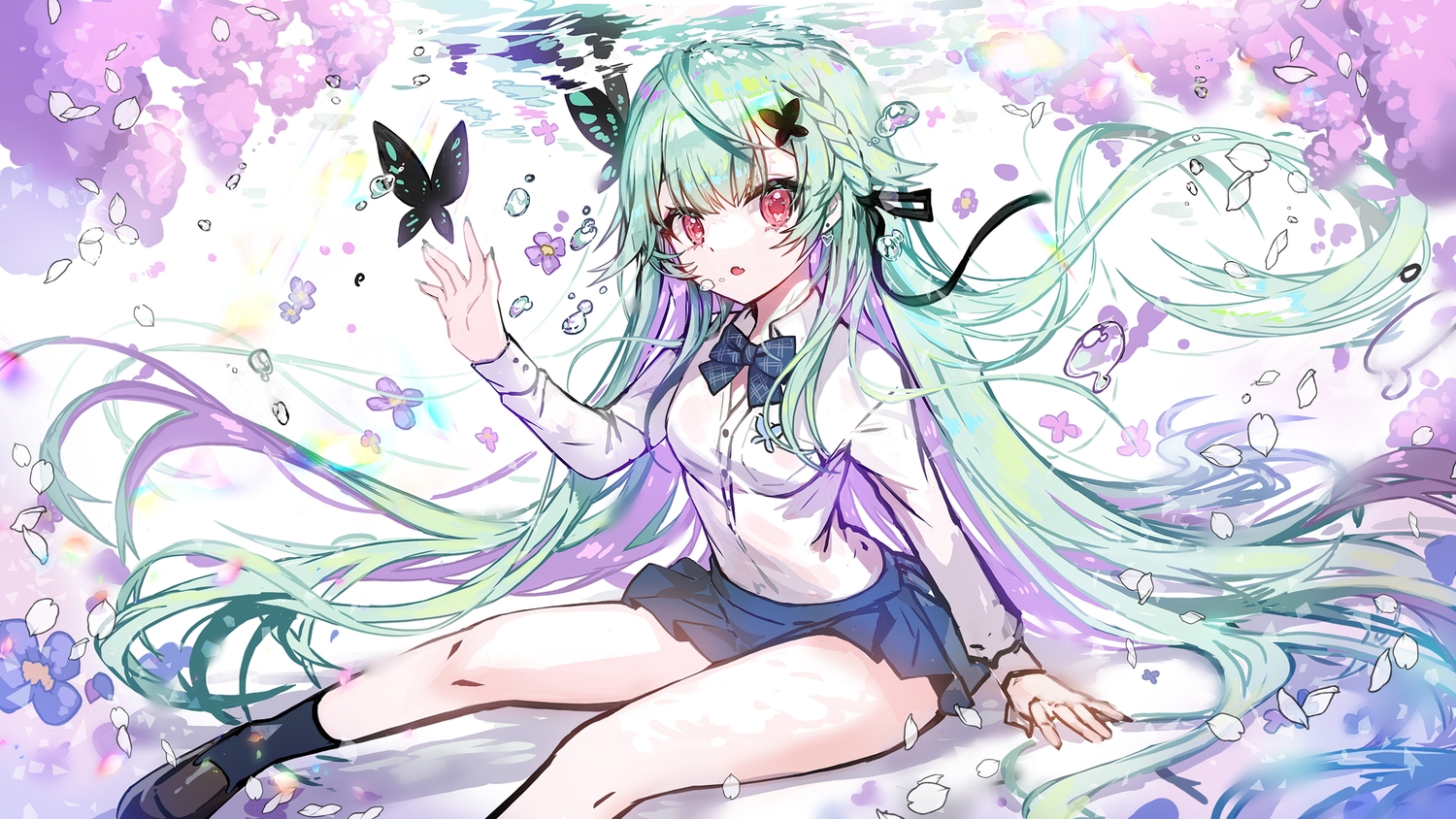 applecaramel_(acaramel), braids, butterfly, fang, flowers, green_hair, hololive, long_hair