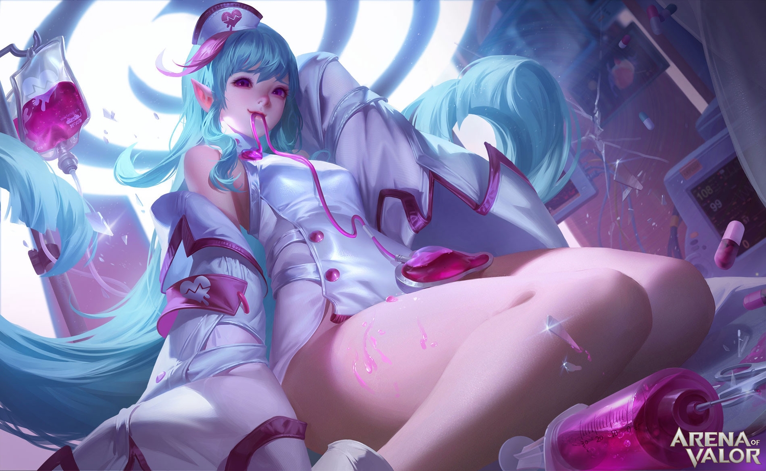 aqua_hair, arena_of_valor, close, headdress, logo, long_hair, nurse, pointed_ears, purple_eyes, realistic, y_xun