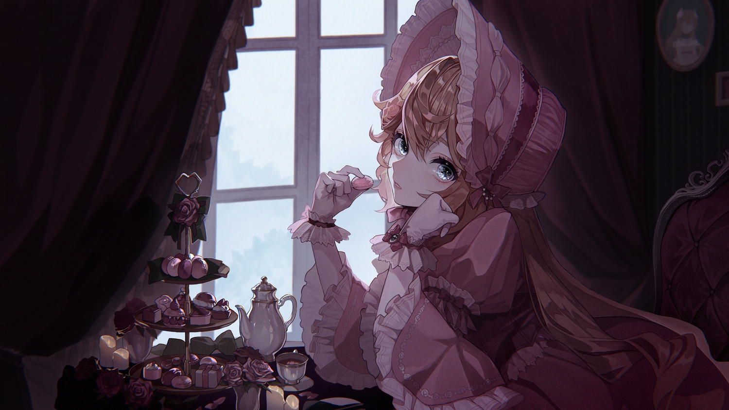 aqua_eyes, brown_hair, dark, dress, drink, flowers, food, fruit, gloves, headdress, lolita_fashion, long_hair, orange_hair, reniirean, rose, strawberry, urusu_ashli