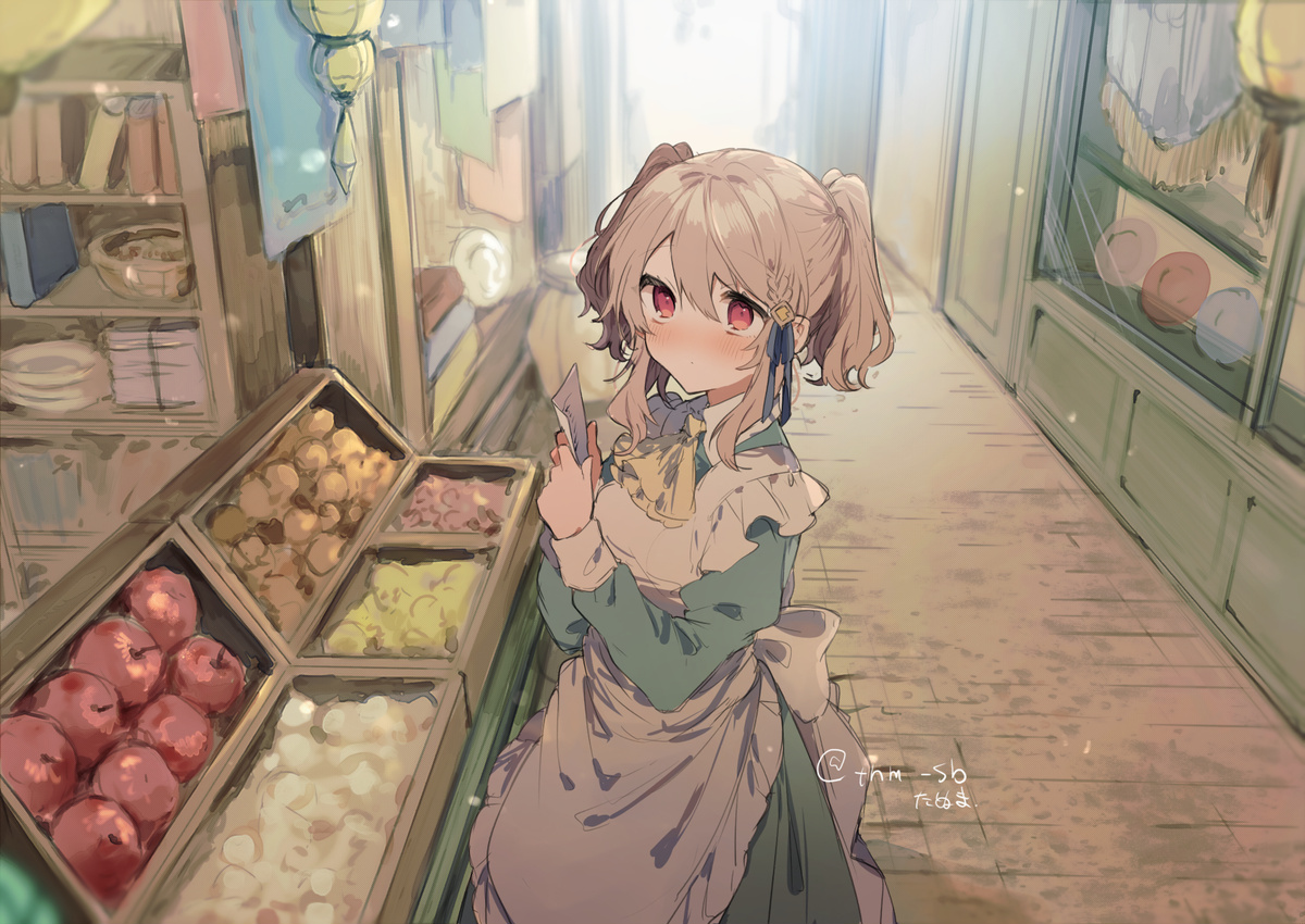 apple, apron, blush, braids, brown_hair, building, city, food