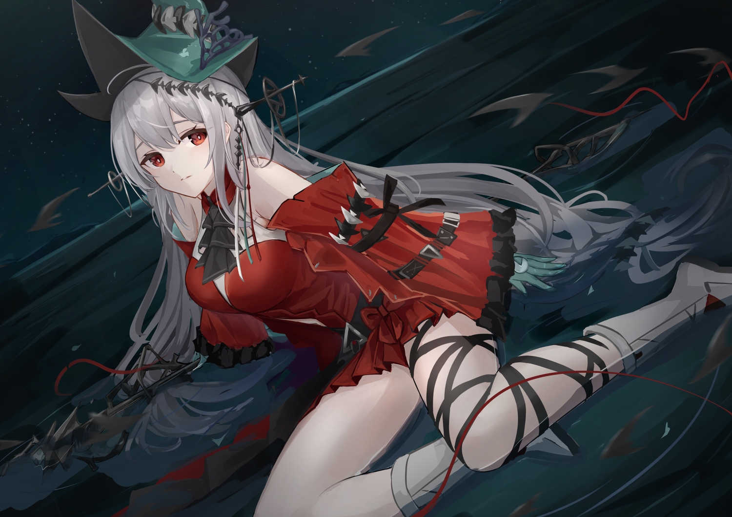 arknights, boots, bow, dark, dress, gloves, gray_hair, hat, long_hair, night, red_eyes, ribbons, skadi_(arknights), sky, staff, stars, unidon_48, water