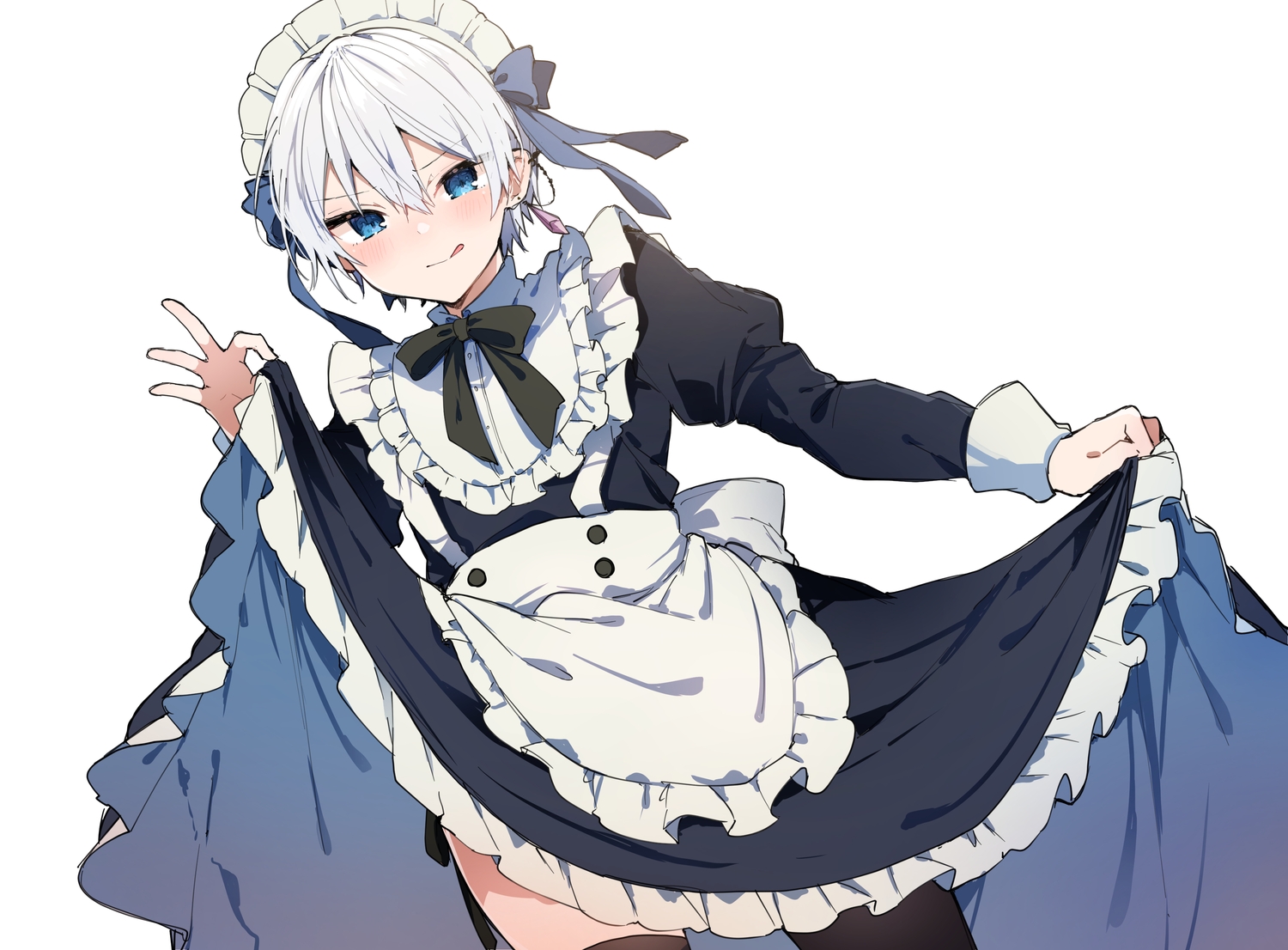 all_male, apron, blue_eyes, blush, bow, dress, headdress, ikeuchi_tanuma, maid, male, original, otoko_no_ko, ribbons, rudy_(ikeuchi_tanuma), short_hair, sketch, skirt_lift, thighhighs, white, white_hair