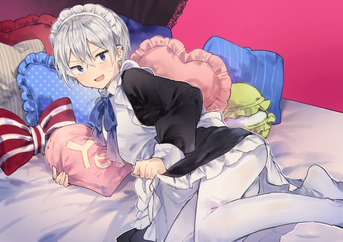 all_male, apron, bed, blue_eyes, blush, bow, dress, gray_hair