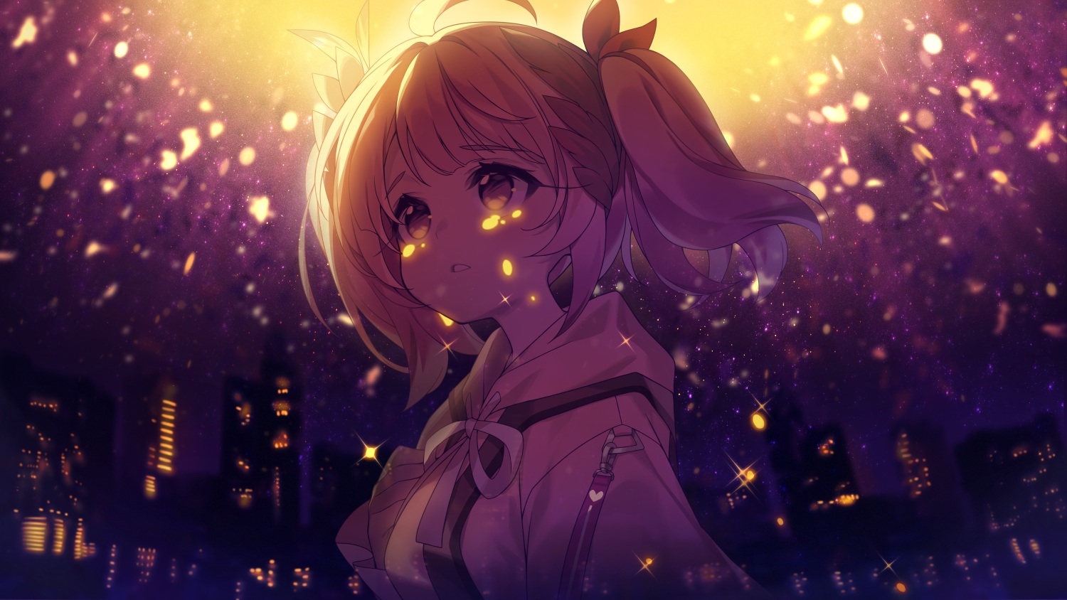 building, city, close, fireworks, hood, night, piyo_(vrecord), polychromatic, purple, sankyaku_tako, short_hair, silhouette, twintails, vrecord
