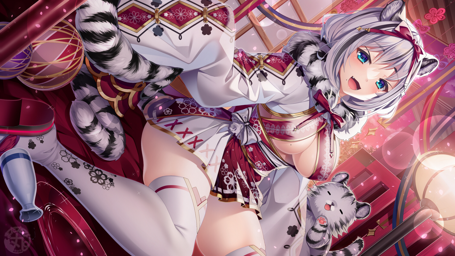 animal, animal_ears, aqua_eyes, ball, blush, bow, breasts, catgirl