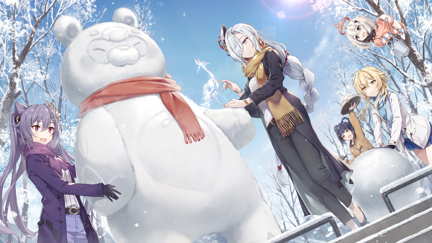 food, gabiran, genshin_impact, group, guoba_(genshin_impact), keqing_(genshin_impact), lumine_(genshin_impact), paimon_(genshin_impact)