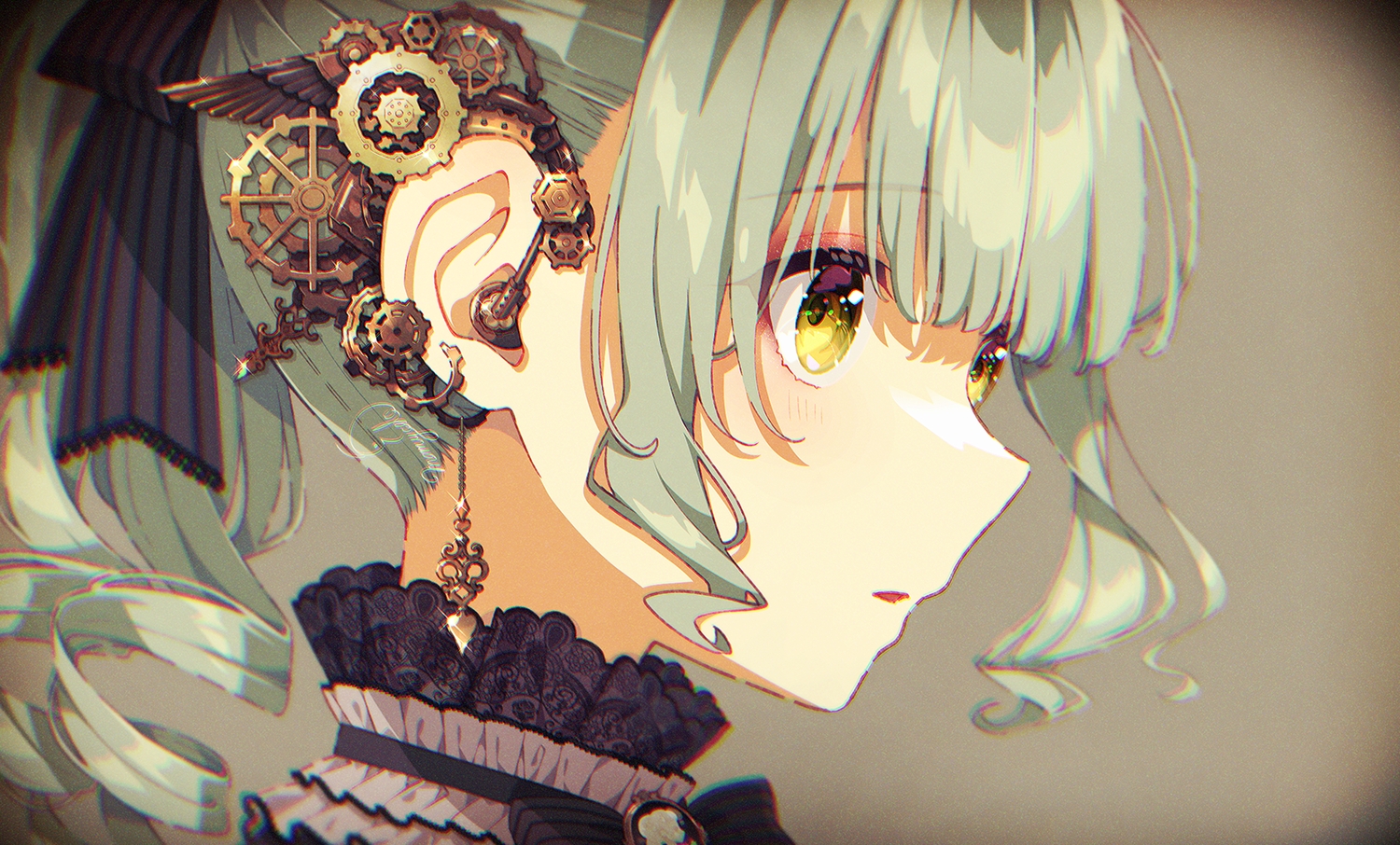 blush, bow, close, goth-loli, green_hair, lolita_fashion, long_hair, mamyouda, original, ponytail, signed, yellow_eyes