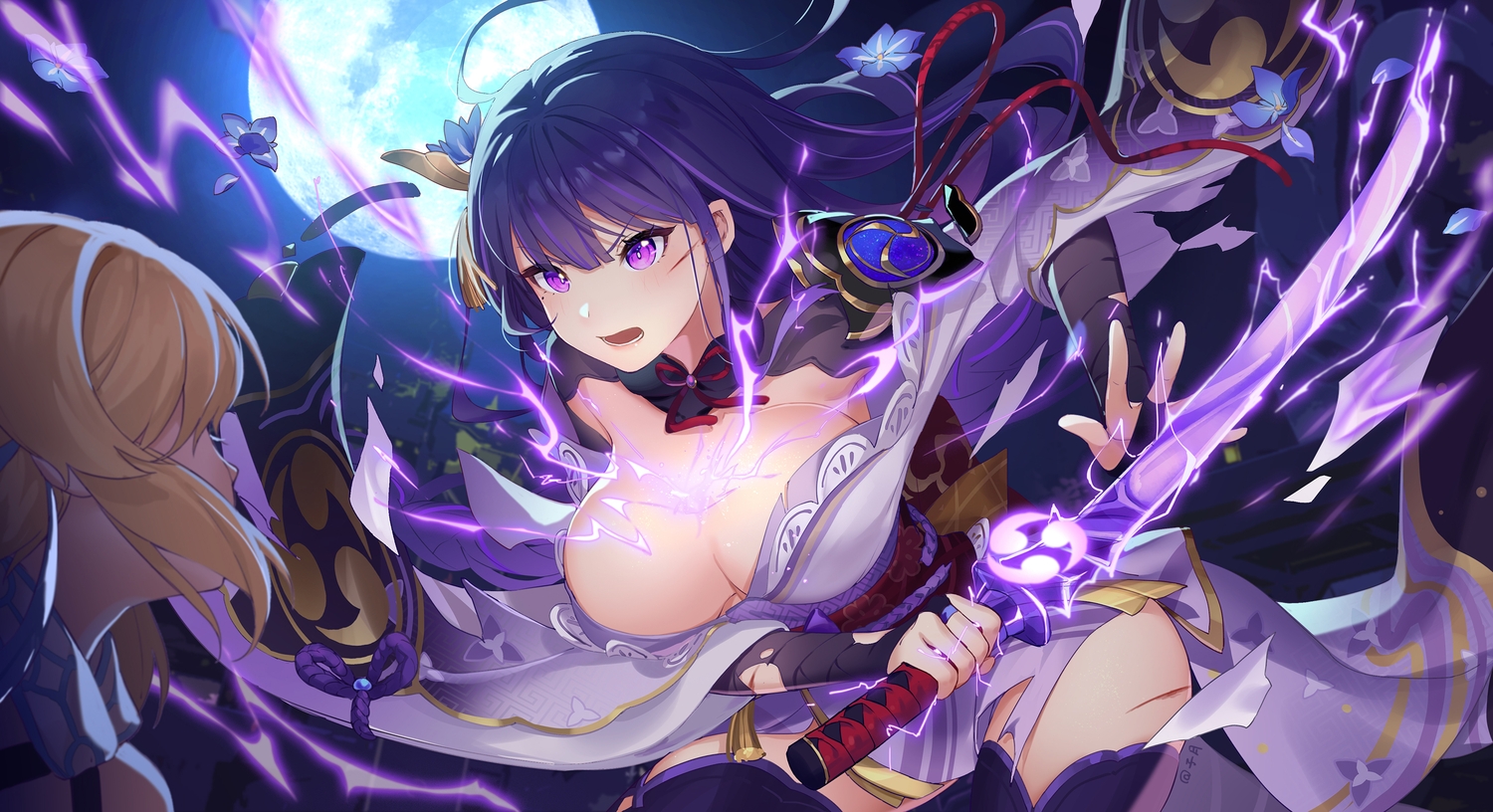 blonde_hair, breasts, cleavage, elbow_gloves, flowers, genshin_impact, gloves, japanese_clothes, katana, long_hair, lumine_(genshin_impact), magic, moon, night, purple_eyes, purple_hair, raiden_shogun, rope, scar, signed, sword, thighhighs, weapon, ziyue