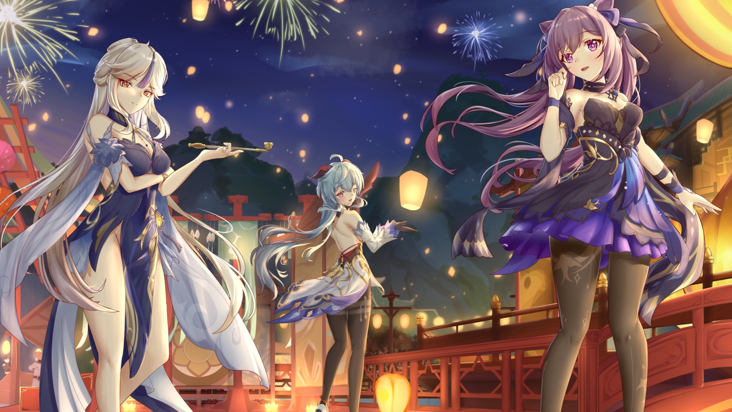 blue_hair, breast_hold, dress, fireworks, ganyu_(genshin_impact), genshin_impact, horns, kaede_uehara, keqing_(genshin_impact), long_hair, night, ningguang_(genshin_impact), pantyhose, purple_eyes, purple_hair, red_eyes, sky, twintails, white_hair