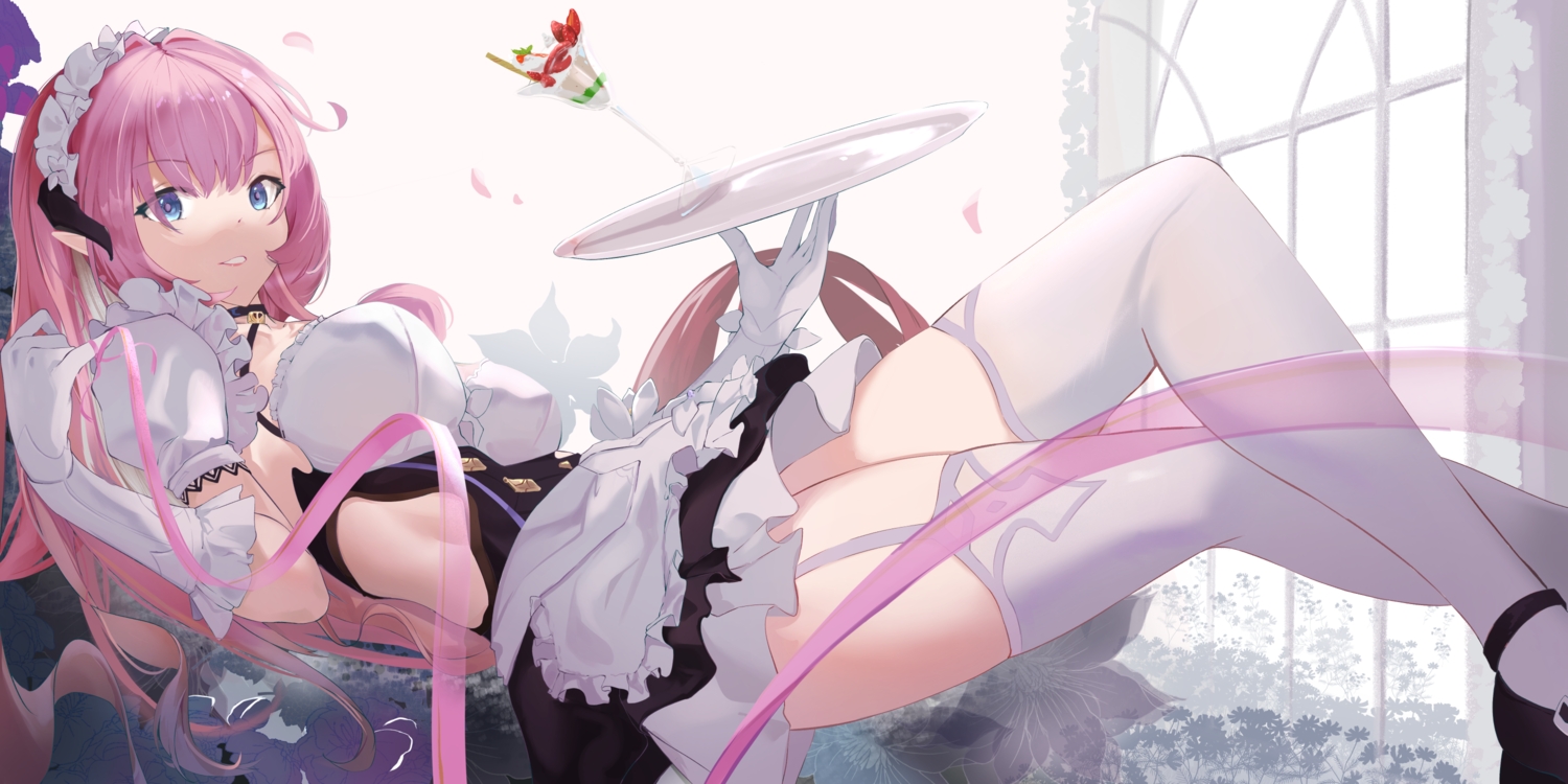 aliasing, blue_eyes, elbow_gloves, elysia_(honkai_impact), food, fruit, garter_belt, gloves, headdress, honkai_impact, honkai_(series), horns, ice_cream, long_hair, maid, pink_hair, pointed_ears, reiruiki, stockings, strawberry, zettai_ryouiki