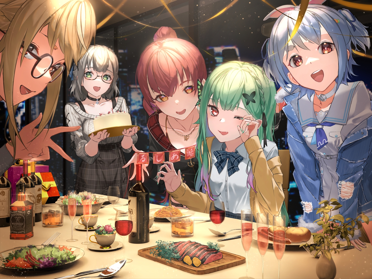 blonde_hair, blue_hair, bow, braids, cake, choker, drink, food, glasses, gray_hair, green_eyes, green_hair, group, hololive, houshou_marine, long_hair, rasa_k, red_eyes, red_hair, school_uniform, shiranui_flare, shirogane_noel, short_hair, skirt, uruha_rushia, usada_pekora, wink