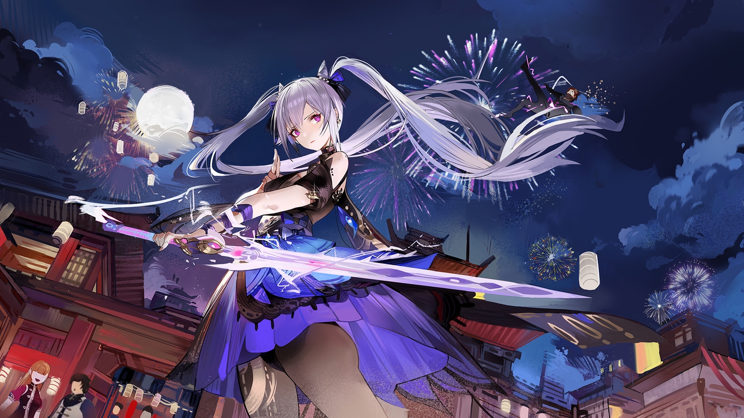 building, clouds, dress, fireworks, genshin_impact, keqing_(genshin_impact), long_hair, moon