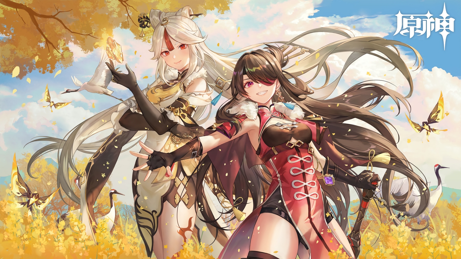 2girls, animal, autumn, beidou_(genshin_impact), bird, brown_hair, clouds, criin