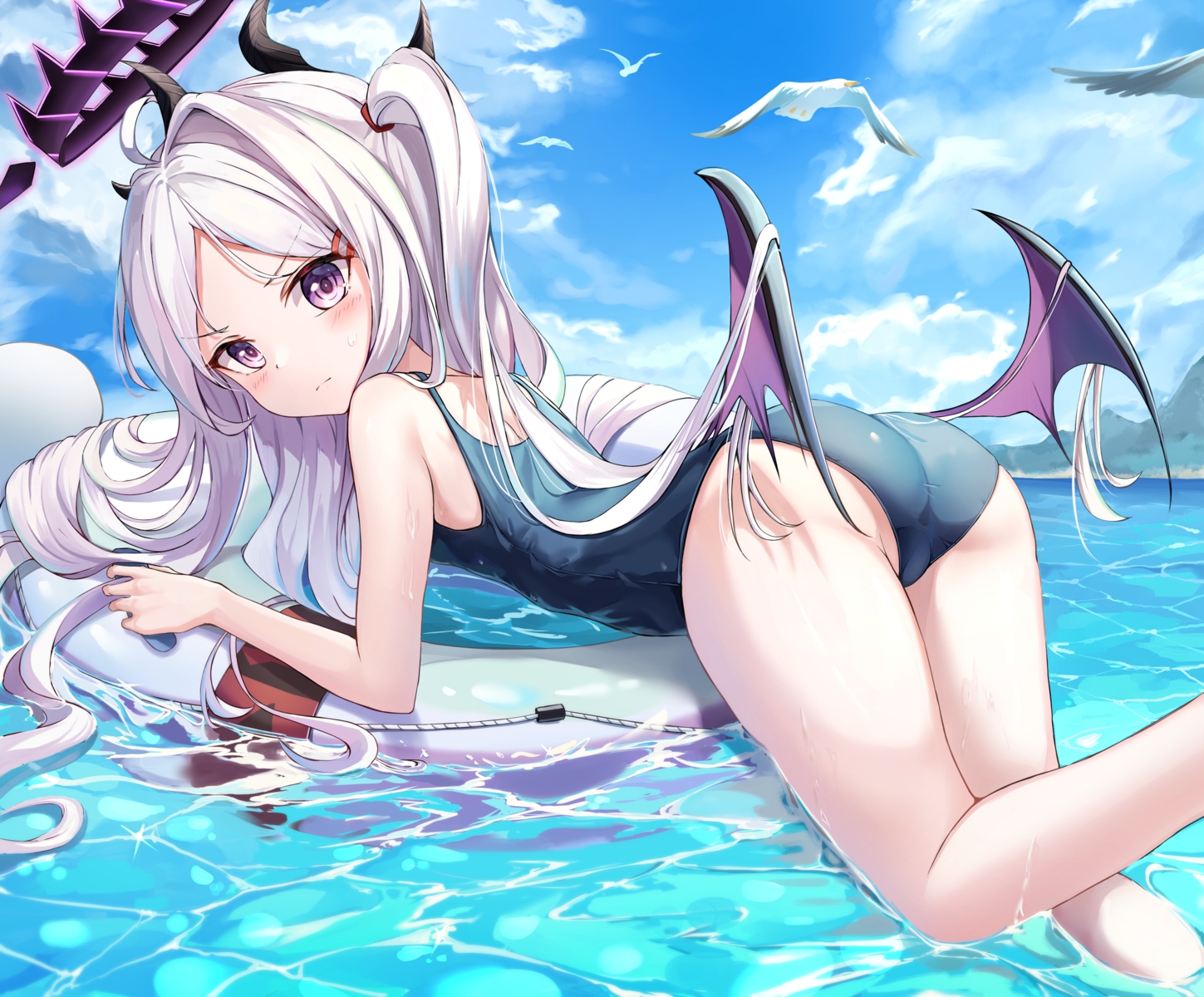 animal, ass, bird, blue_archive, clouds, gray_hair, halo, loli, long_hair, purple_eyes, school_swimsuit, sky, sorasaki_hina, swim_ring, swimsuit, water, wings, zeroillya