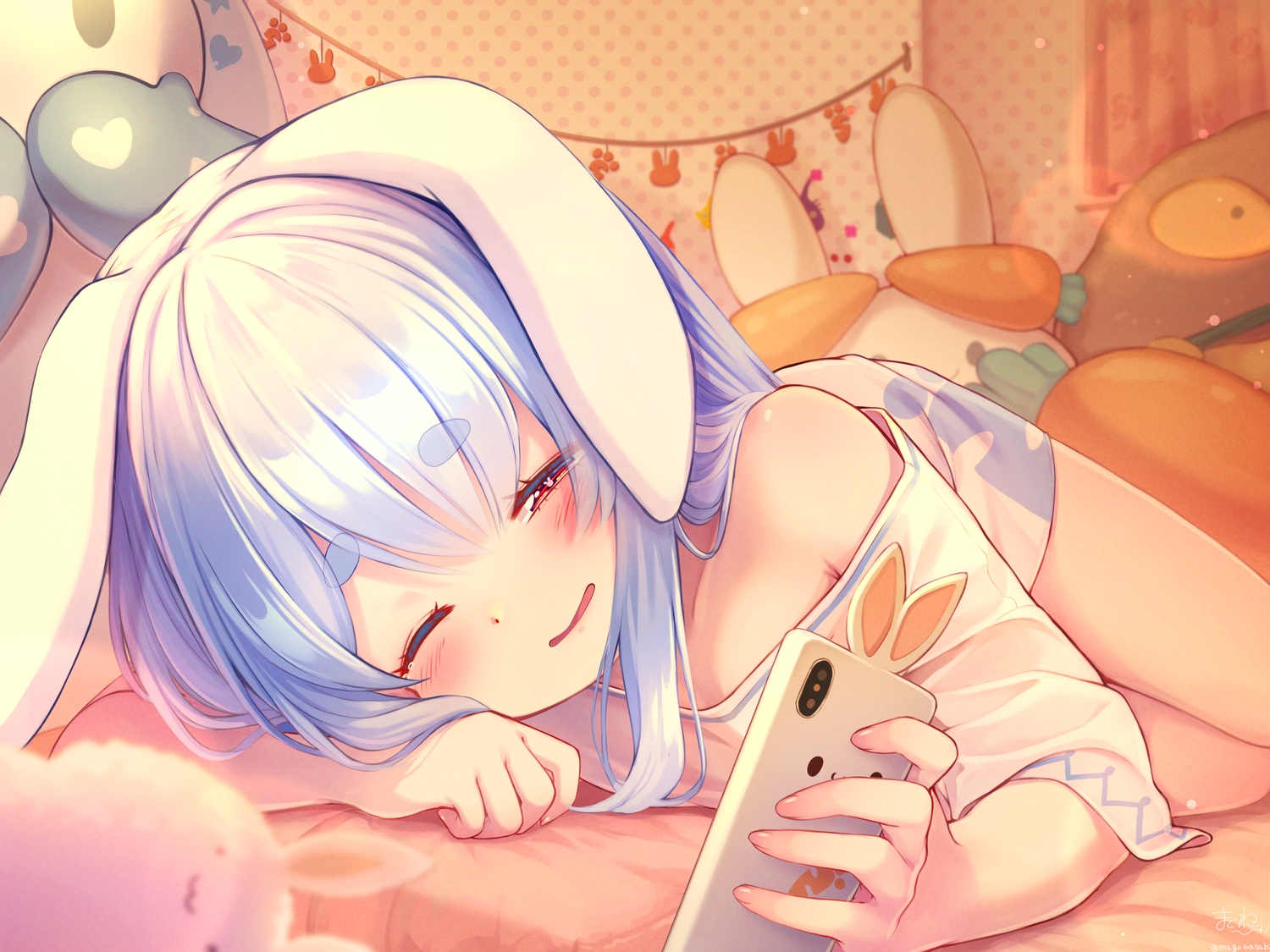 animal_ears, bunny_ears, bunnygirl, hololive, magowasabi, phone, usada_pekora, wink