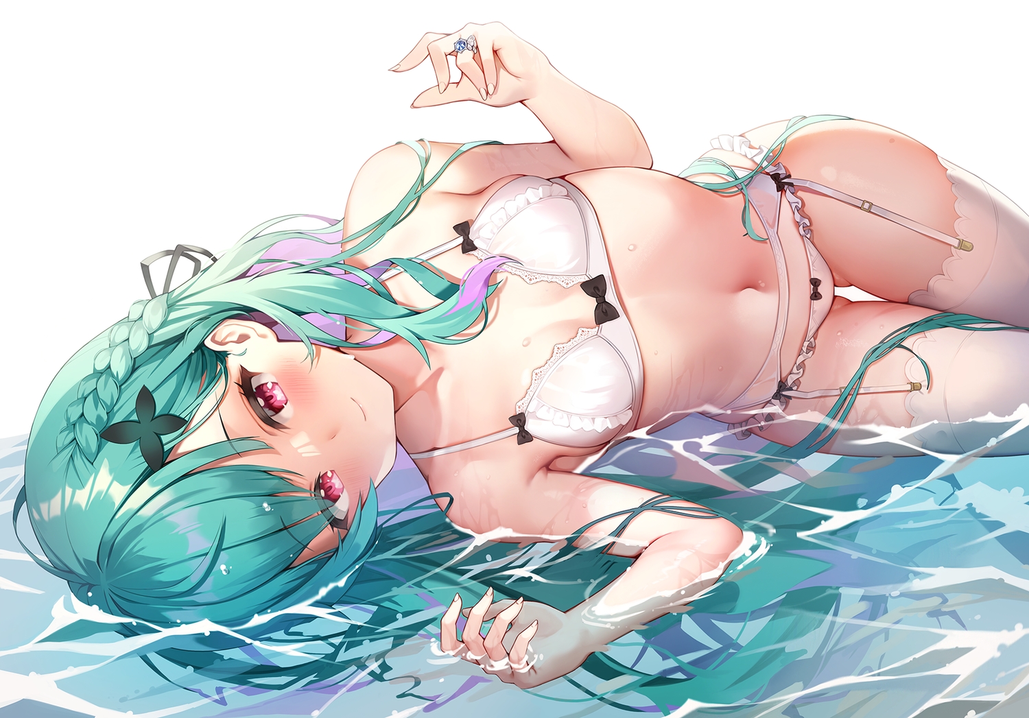 blush, bow, bra, braids, garter_belt, green_hair, hololive, long_hair, navel, panties, pink_eyes, pinki_o64, stockings, underwear, uruha_rushia, water