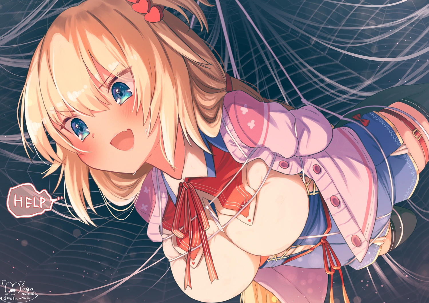 akai_haato, aqua_eyes, blonde_hair, blush, bondage, bow, breasts, fang, garter, hololive, long_hair, magowasabi, shorts, signed, thighhighs, zettai_ryouiki
