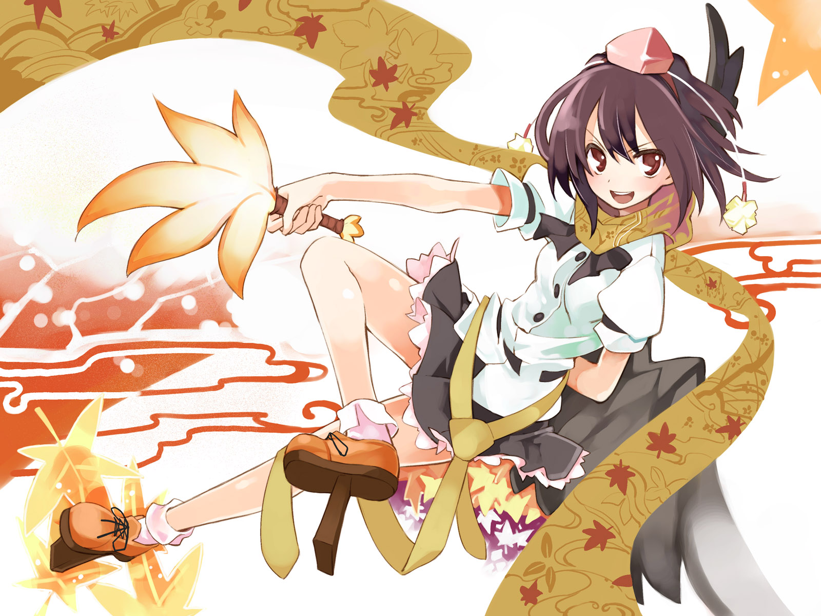 brown_eyes, brown_hair, hat, jpeg_artifacts, leaves, shameimaru_aya, short_hair, touhou