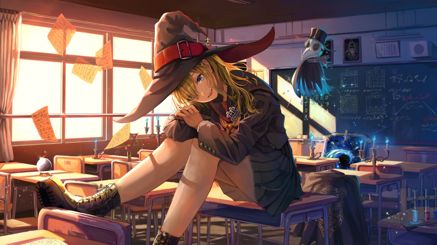 blonde_hair, blue_eyes, boots, hat, long_hair, magic, original, paper