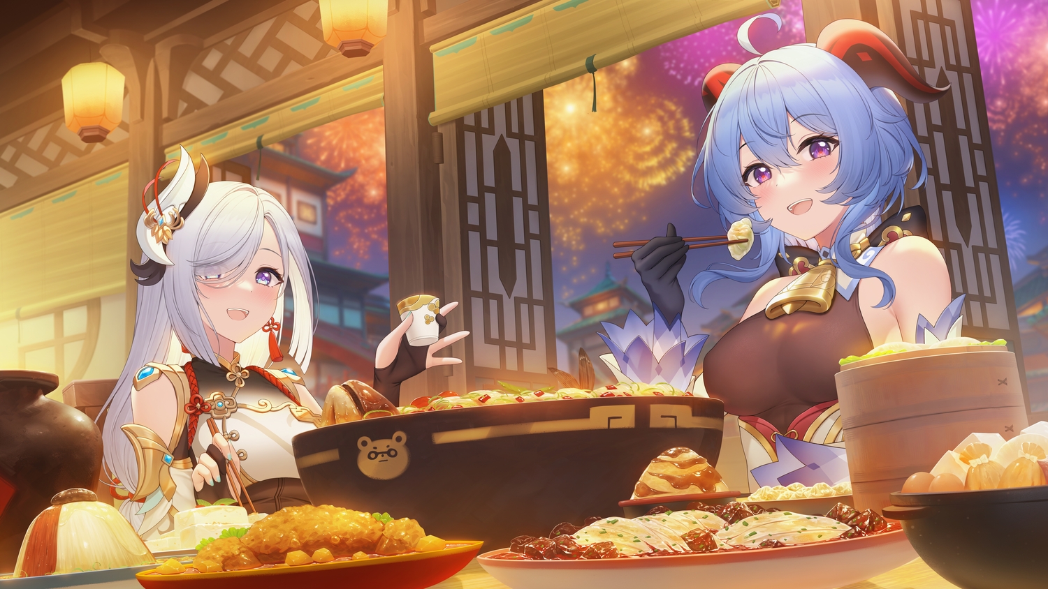 2girls, aqua_hair, blue_eyes, blush, breasts, drink, elbow_gloves, fireworks
