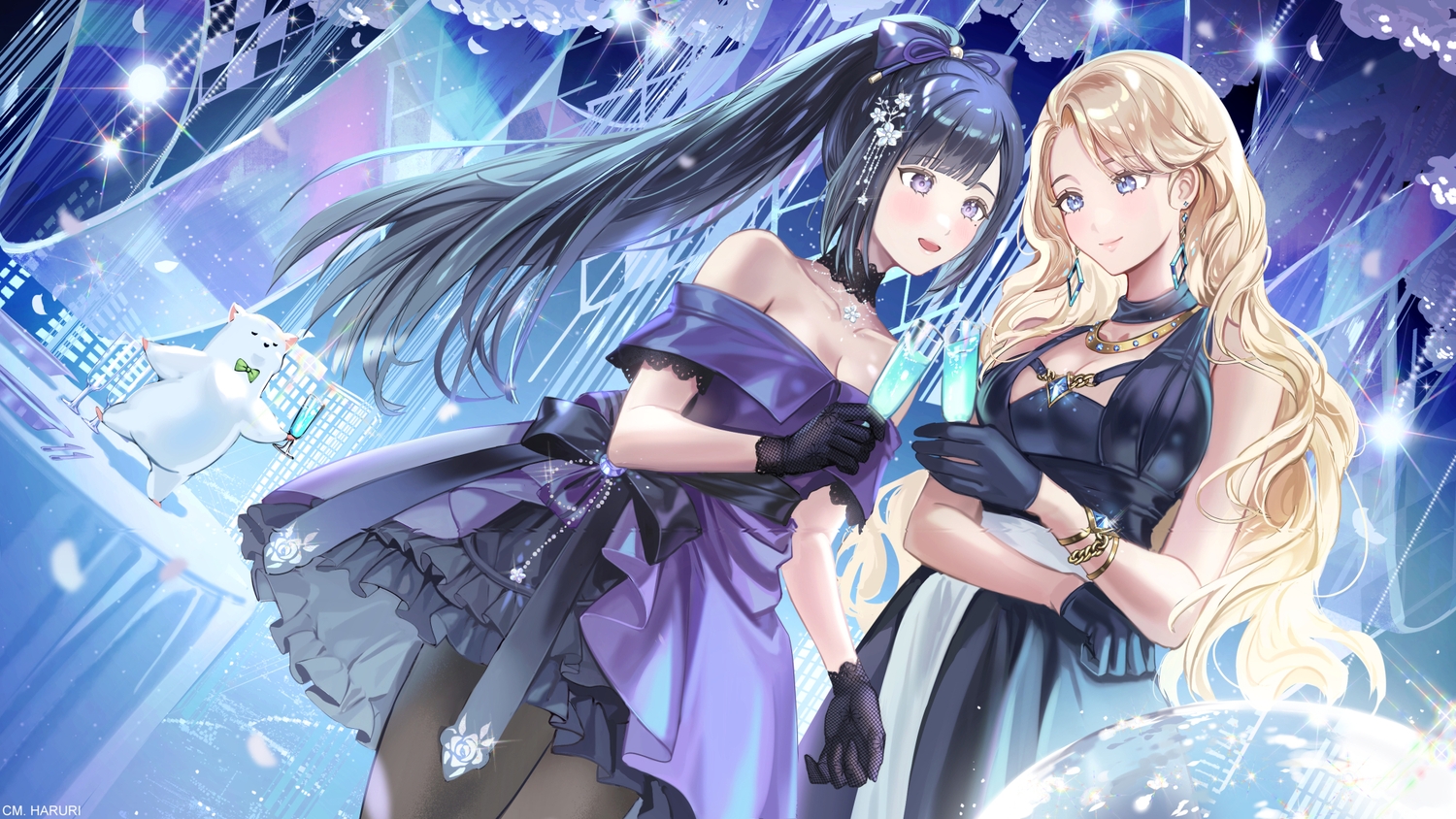 2girls, animal, a-soul, ball, bella_(a-soul), black_hair, blonde_hair, blue_eyes, bow, breasts, building, choker, city, cleavage, dress, drink, eileen_(a-soul), gloves, haruri, long_hair, necklace, night, pantyhose, ponytail, purple_eyes, ribbons, watermark, wristwear