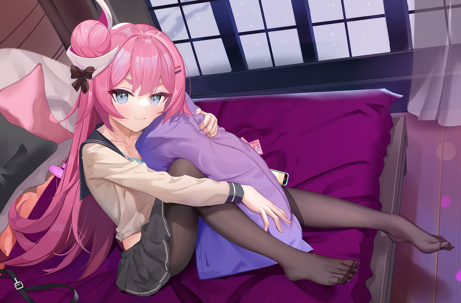 bed, gray_eyes, honkai_impact, honkai_(series), long_hair, pantyhose, pink_hair, rozaliya_olenyeva