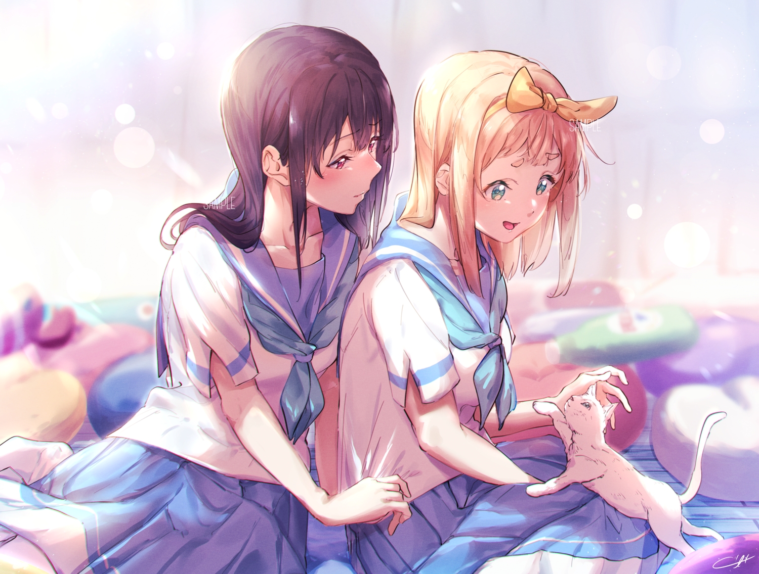 2girls, animal, blonde_hair, cat, headband, hibike!_euphonium, kuziaaizuk, long_hair