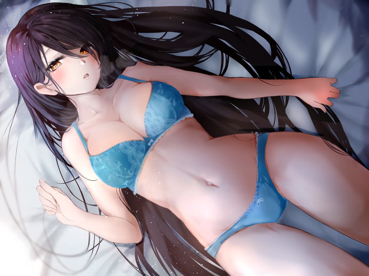 bed, black_hair, blush, bra, breasts, brown_eyes, cleavage, long_hair, navel, original, panties, raru_(nanaharararu), underwear