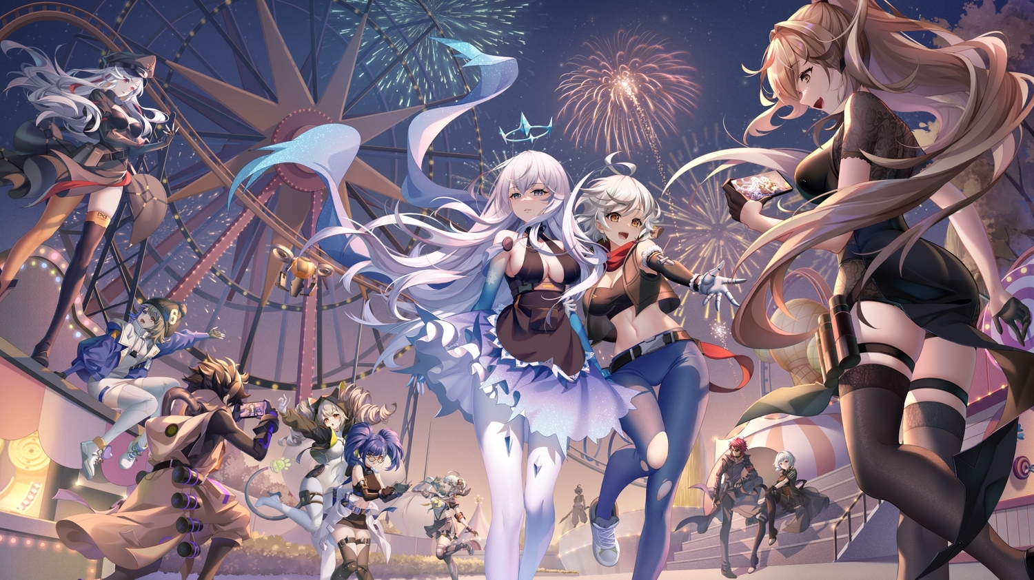 aliasing, animal_ears, ass, brown_eyes, brown_hair, catgirl, elbow_gloves, fireworks