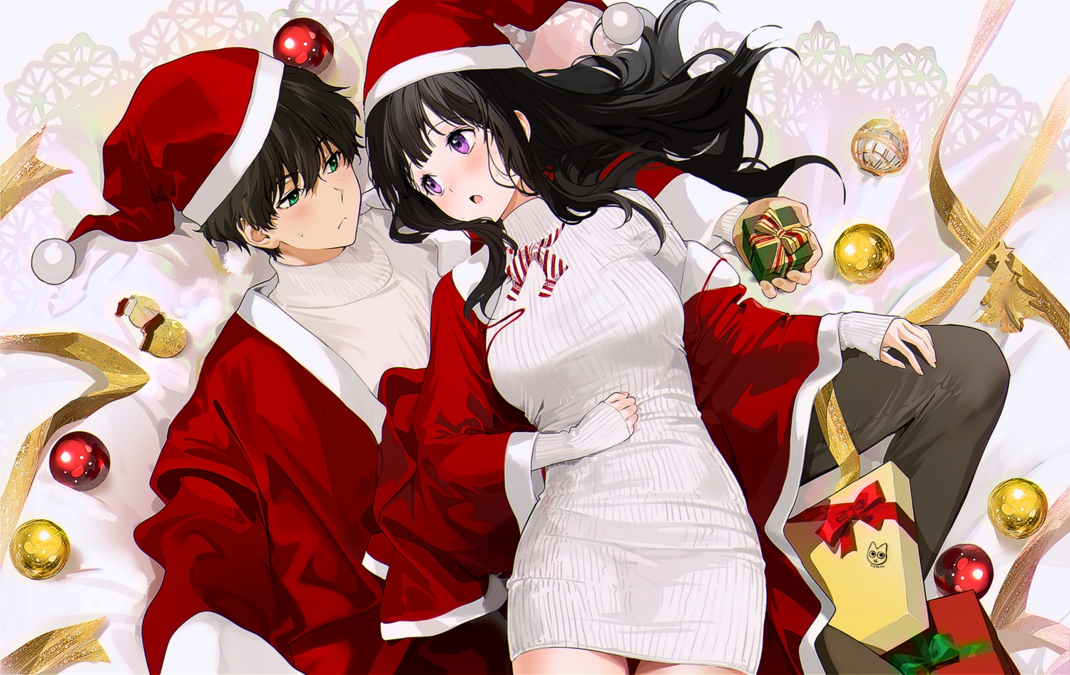 black_hair, blush, bow, chitanda_eru, christmas, dress, green_eyes, hat