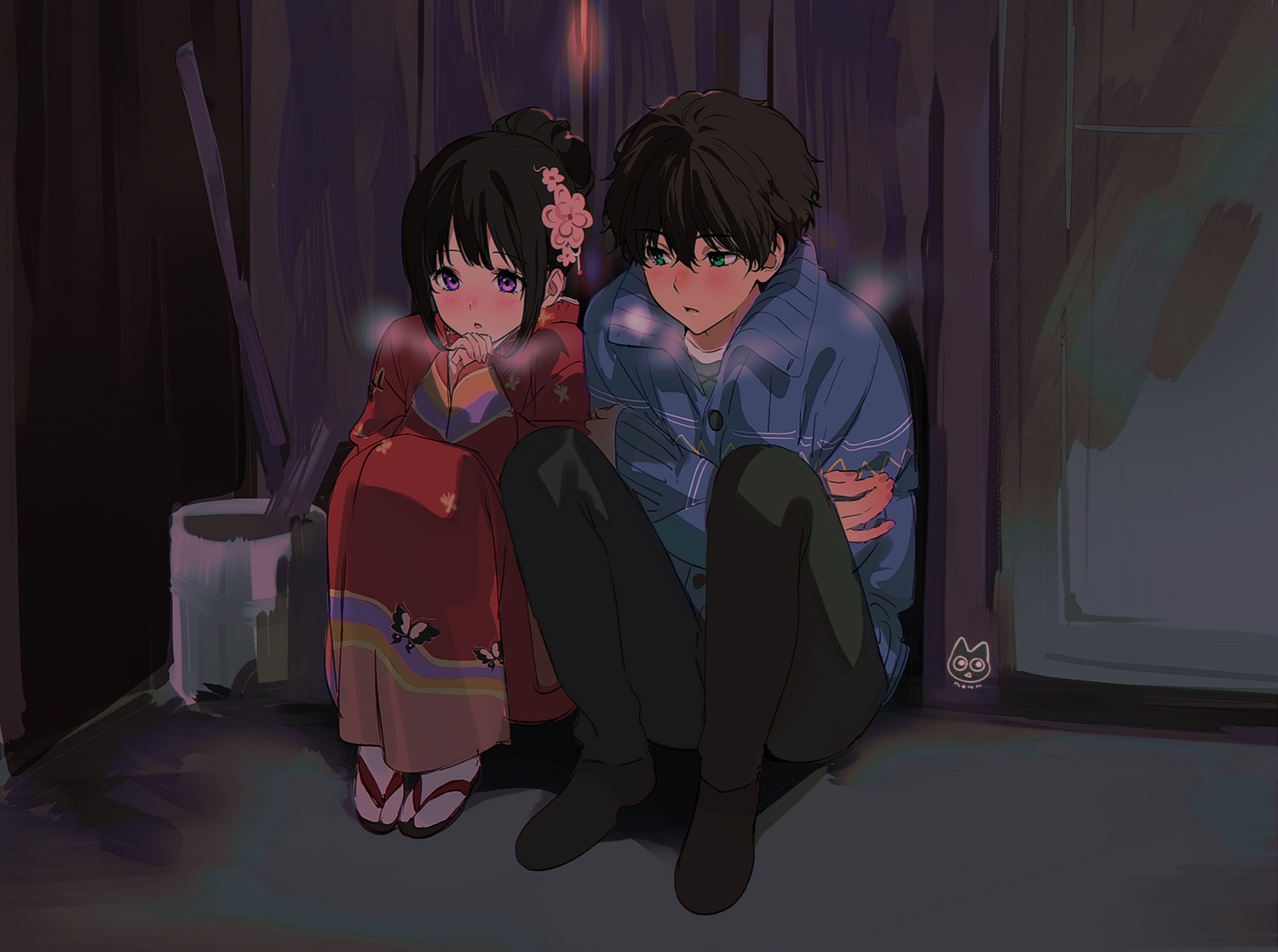 black_hair, blush, chitanda_eru, dark, green_eyes, hyouka, japanese_clothes, kimono