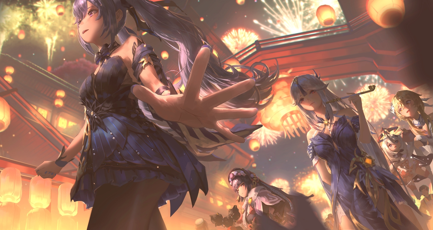 blonde_hair, building, dress, fireworks, genshin_impact, group, halo, hinoborukaku