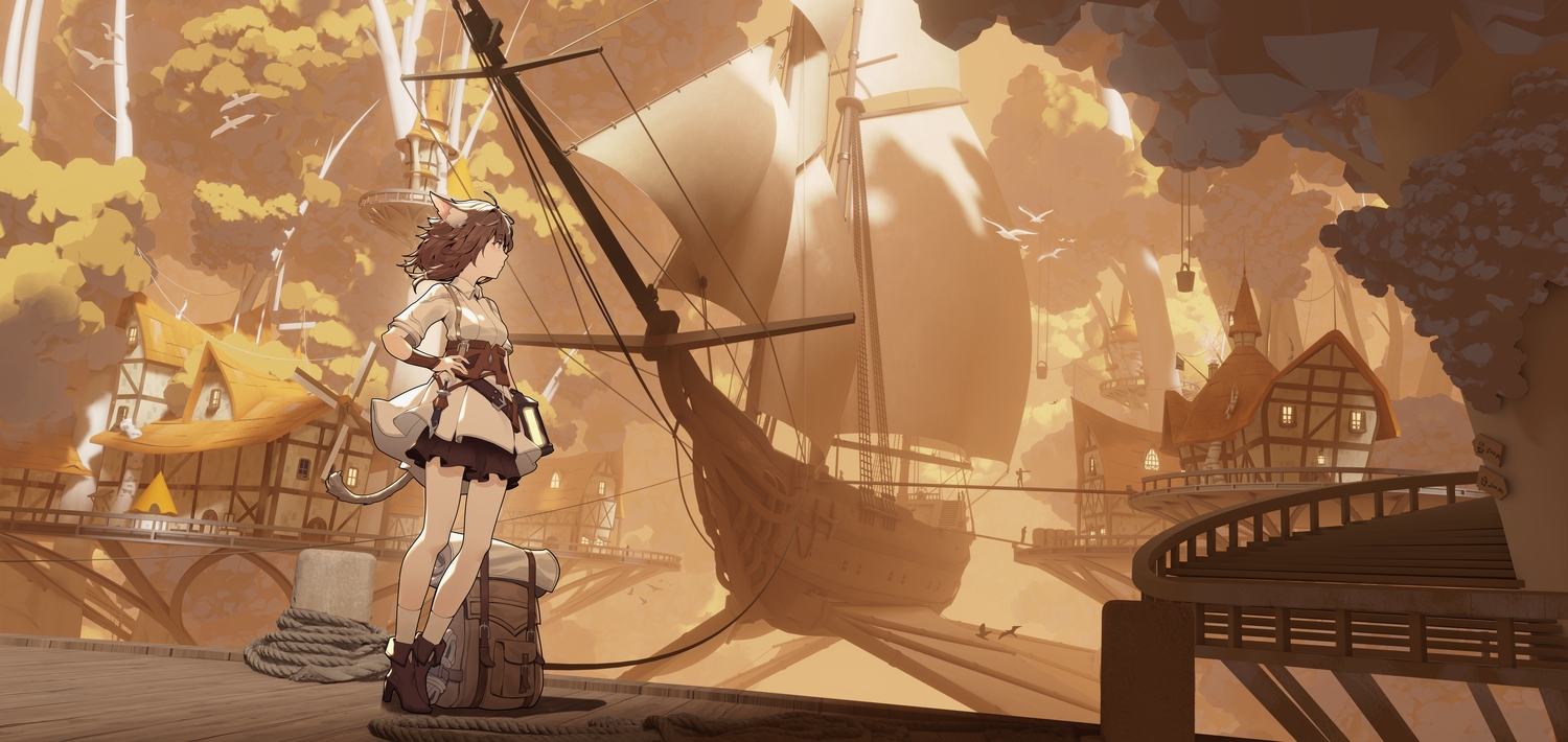 animal_ears, boat, boots, brown, brown_hair, building, catgirl, even_(even_yiwen)
