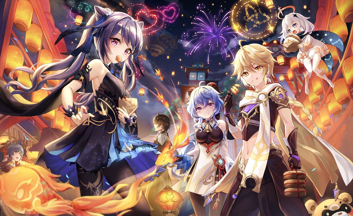 aether_(genshin_impact), blonde_hair, blue_hair, dress, fireworks, food, ganyu_(genshin_impact), genshin_impact