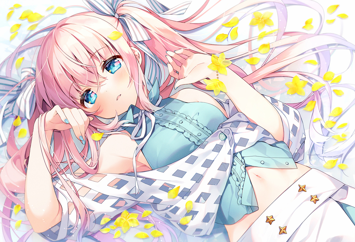 aqua_eyes, blush, bow, flowers, kirano_sion, leaves, livercity, long_hair, navel, petals, pink_hair, ribbons, see_through, skirt, suimya, twintails, wristwear