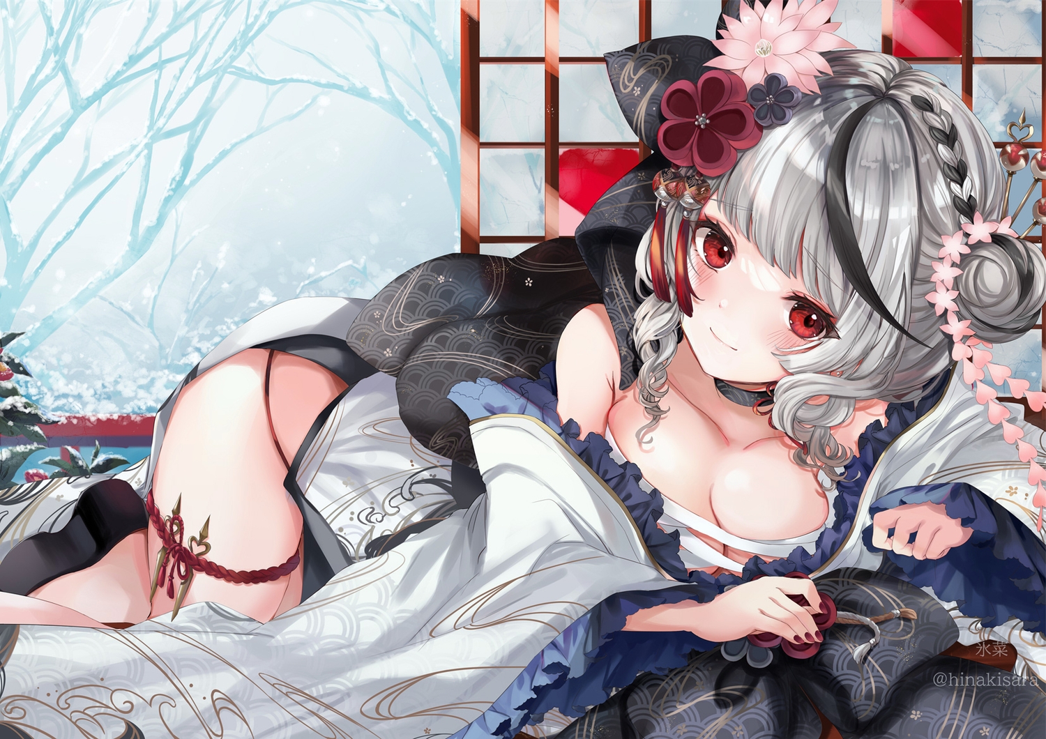 blush, braids, breasts, cleavage, garter, gray_hair, hinahino, hololive