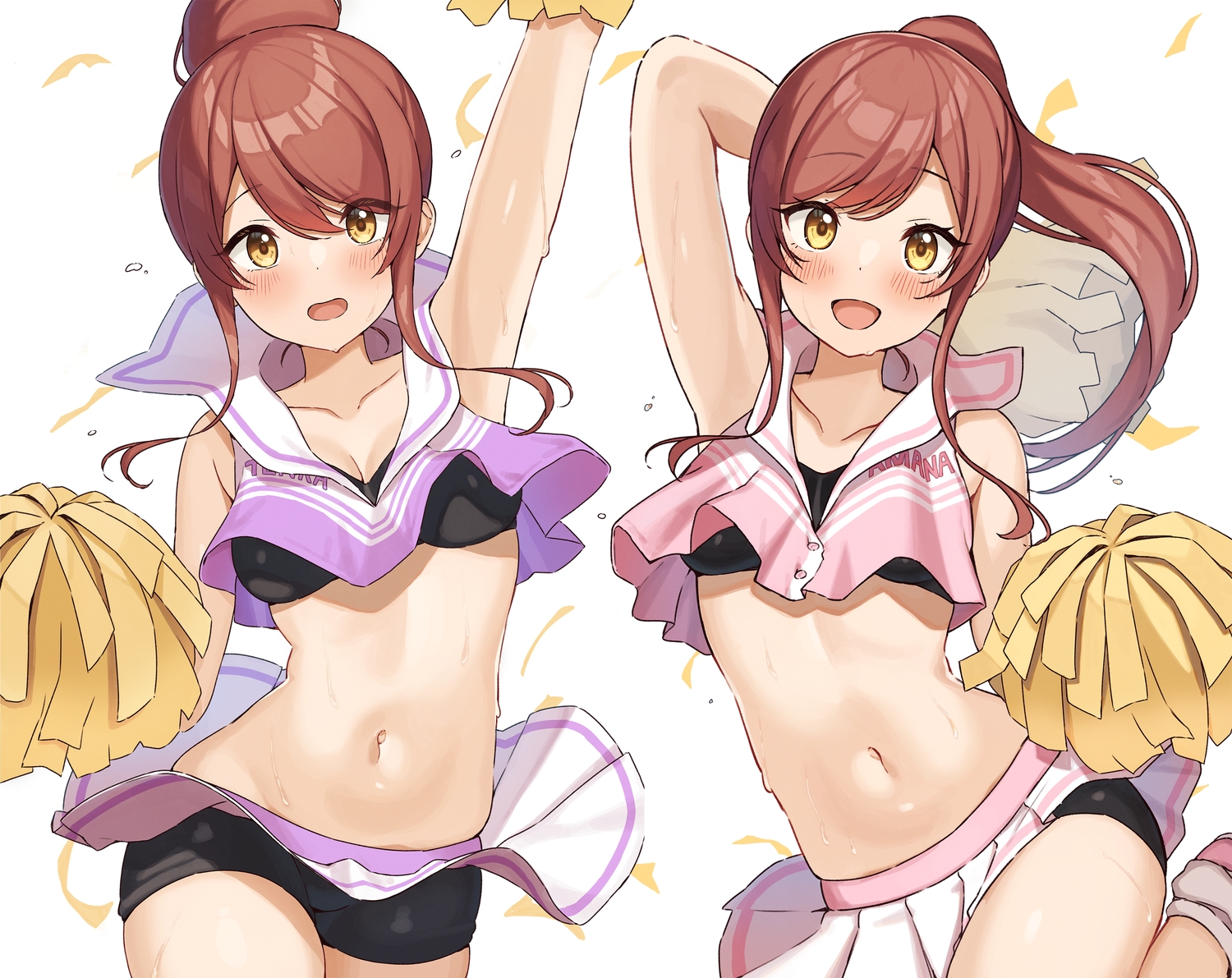 2girls, blush, bra, brown_hair, cheerleader, idolmaster, idolmaster_shiny_colors, long_hair, navel, oosaki_amana, oosaki_tenka, ponytail, skirt, skirt_lift, twins, underwear, upskirt, wanitaroo._(waniwani_panic), wet, yellow_eyes