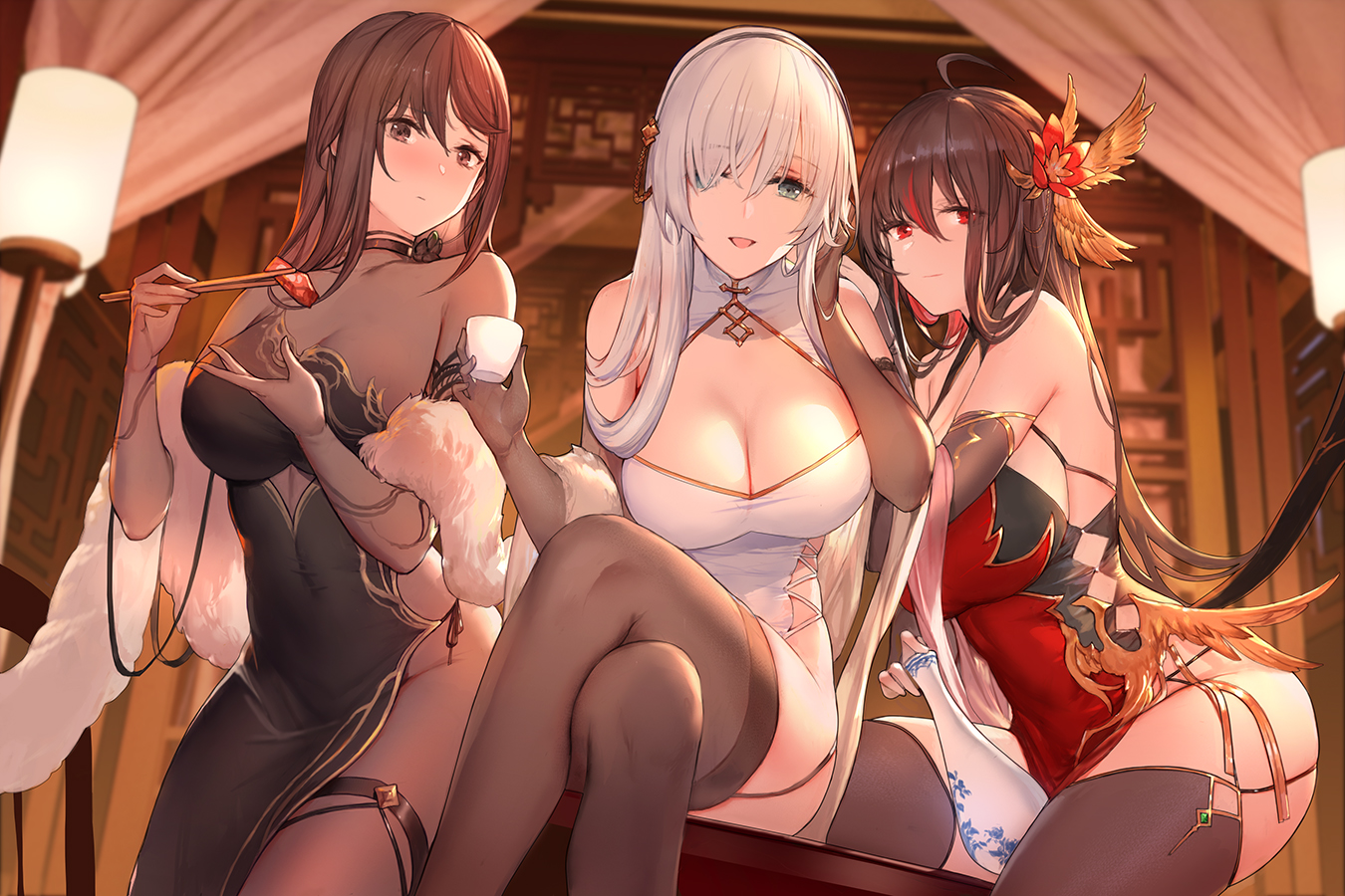 anastasia_(fate/grand_order), breasts, chinese_clothes, chinese_dress, cleavage, consort_yu_(fate), dress, drink, fate/grand_order, fate_(series), food, liu_xiu_(fate), long_hair, swd3e2, thighhighs
